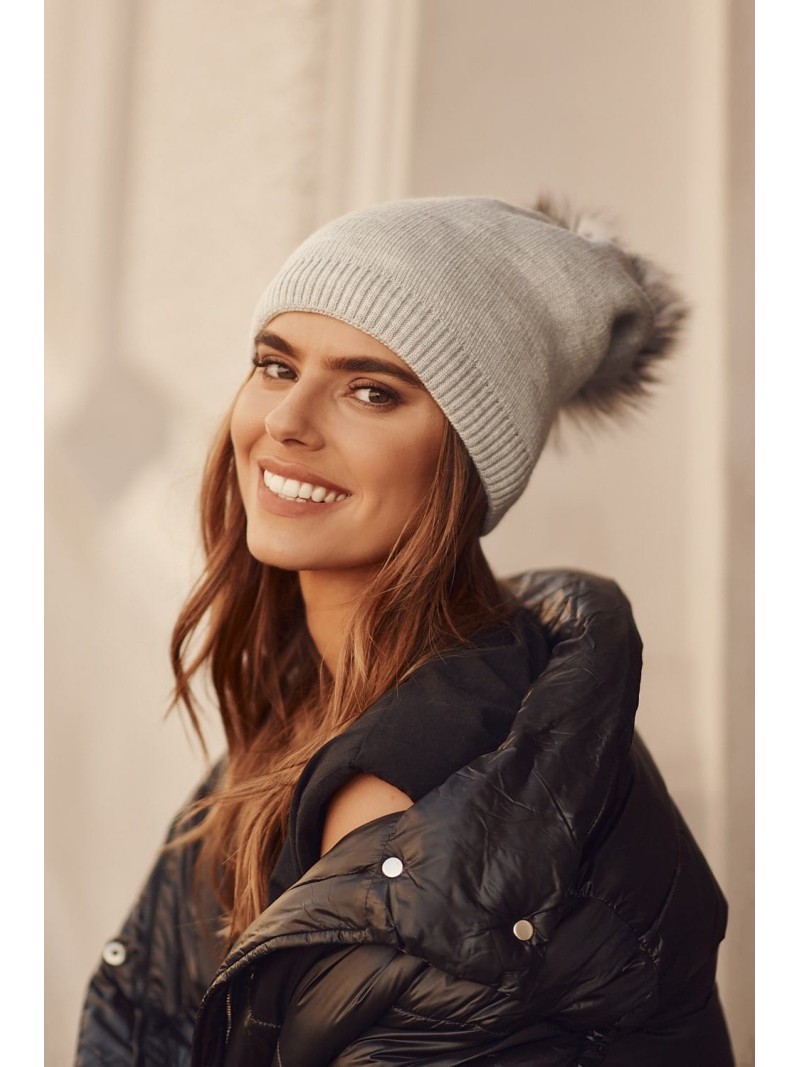 Smooth women\'s smurfette hat with a pompom, light gray C65 - Online store - Boutique